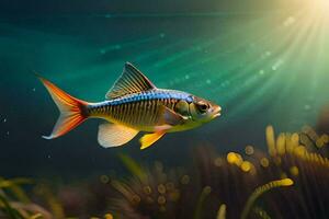 ein Fisch Schwimmen im das Wasser mit Sonnenlicht leuchtenden. KI-generiert foto