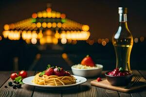 Spaghetti mit Erdbeeren und Tomaten auf ein hölzern Tisch. KI-generiert foto