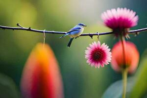 ein Blau Vogel sitzt auf ein Ast mit Rosa Blumen. KI-generiert foto