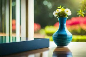 ein Blau Vase mit Gänseblümchen Sitzung auf ein Tisch. KI-generiert foto