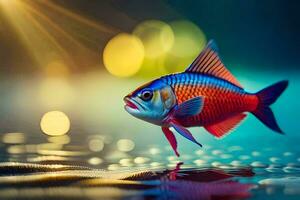 ein Fisch mit hell Farben ist Stehen auf das Wasser. KI-generiert foto
