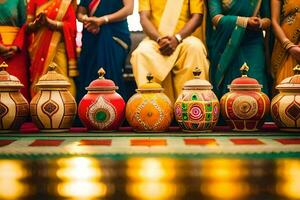 indisch Hochzeit Zeremonie mit bunt Töpfe. KI-generiert foto