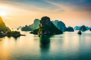 das Sonne setzt Über das Wasser im Halong Bucht, Vietnam. KI-generiert foto