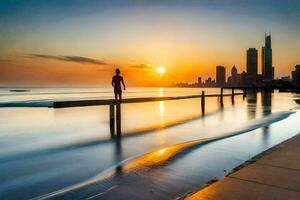 ein Mann Stehen auf ein Seebrücke beim Sonnenuntergang im Chicago. KI-generiert foto