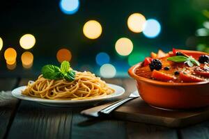 Spaghetti und Tomate Soße im ein Schüssel. KI-generiert foto