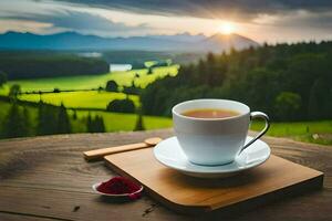 ein Tasse von Tee auf ein hölzern Tabelle mit ein Aussicht von das Berge. KI-generiert foto