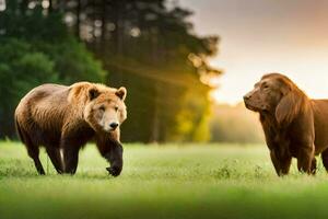 zwei braun Bären Gehen im das Gras. KI-generiert foto