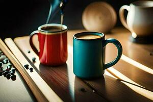 zwei Kaffee Tassen auf ein Tabelle mit Bohnen und Kaffee Bohnen. KI-generiert foto