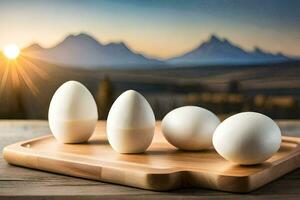 Eier auf ein Schneiden Tafel mit Berge im das Hintergrund. KI-generiert foto