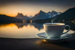 Kaffee, das Sonne, Berge, See, Sonnenaufgang, Kaffee, Tasse, hd Hintergrund. KI-generiert foto