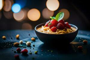 Pasta mit Beeren und Nüsse auf ein schwarz Hintergrund. KI-generiert foto