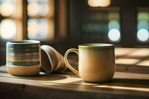 zwei Kaffee Tassen auf ein hölzern Tisch. KI-generiert foto