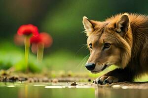 ein braun Wolf suchen beim das Wasser. KI-generiert foto