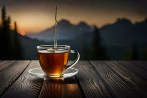 ein Tasse von Tee auf ein hölzern Tabelle im Vorderseite von ein Berg. KI-generiert foto