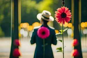 ein Mann im ein Hut und passen Stehen Nächster zu ein Blume. KI-generiert foto