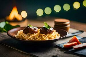 Spaghetti mit Fleischklößchen im ein Schüssel. KI-generiert foto