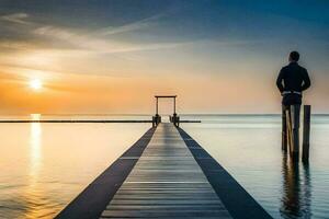 ein Mann Stehen auf ein Dock beim Sonnenuntergang. KI-generiert foto