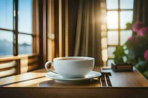 ein Tasse von Tee auf ein Tabelle im Vorderseite von ein Fenster. KI-generiert foto