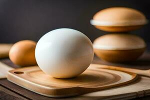 ein Ei auf ein Schneiden Tafel mit andere Eier. KI-generiert foto