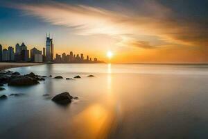 das Sonne setzt Über das Stadt Horizont im Dubai. KI-generiert foto