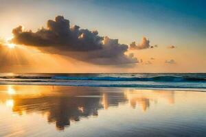 Sonnenuntergang auf das Strand mit Wolken reflektieren im das Wasser. KI-generiert foto