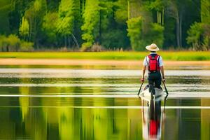 ein Mann Paddeln ein Kanu auf ein See. KI-generiert foto