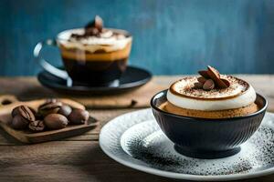 zwei Tassen von Kaffee mit ausgepeitscht Sahne und Schokolade. KI-generiert foto