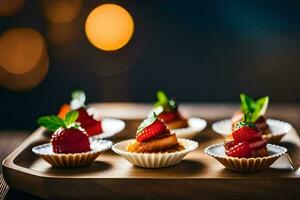 klein Nachspeisen auf ein hölzern Tablett mit Erdbeeren. KI-generiert foto