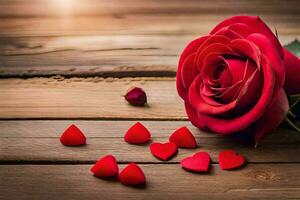 ein rot Rose und Herzen auf ein hölzern Tisch. KI-generiert foto