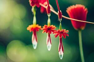 rot Blumen hängend von ein Ast mit Grün Blätter. KI-generiert foto