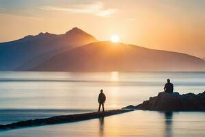 zwei Menschen Stand auf das Kante von ein Körper von Wasser beim Sonnenuntergang. KI-generiert foto