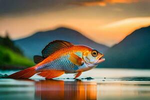 ein Fisch ist Stehen auf das Ufer von ein See. KI-generiert foto