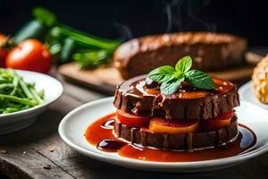 ein Teller von Essen mit Fleisch und Gemüse. KI-generiert foto