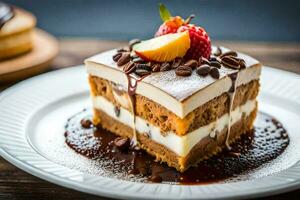 ein Scheibe von Kuchen mit Schokolade und Erdbeeren auf ein Platte. KI-generiert foto