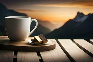 Kaffee und Schokolade auf ein hölzern Tabelle mit Berge im das Hintergrund. KI-generiert foto