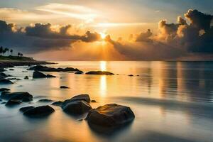 Sonnenuntergang Über das Ozean mit Felsen und Wasser. KI-generiert foto