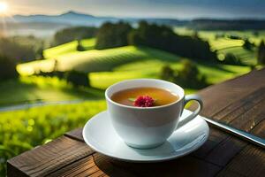 ein Tasse von Tee auf ein hölzern Tabelle mit ein Aussicht von ein Grün Landschaft. KI-generiert foto