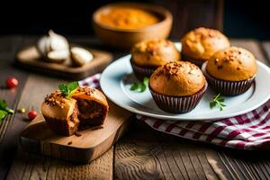 ein Teller mit Muffins und Knoblauch. KI-generiert foto