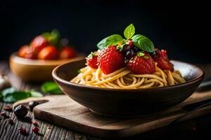 Spaghetti mit Erdbeeren und Basilikum Blätter im ein Schüssel. KI-generiert foto