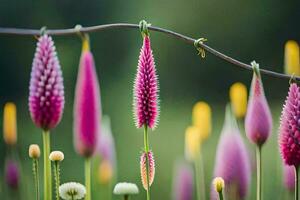 ein Bündel von Rosa Blumen sind hängend von ein Kabel. KI-generiert foto