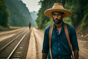 ein Mann tragen ein Hut und Blau Hemd Stehen auf ein Zug Schiene. KI-generiert foto