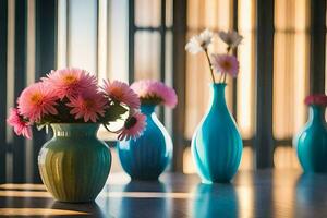 vier Blau Vasen mit Rosa Blumen Sitzung auf ein Tisch. KI-generiert foto