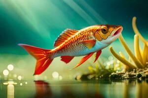 ein Fisch Schwimmen im das Wasser mit ein Grün Pflanze. KI-generiert foto