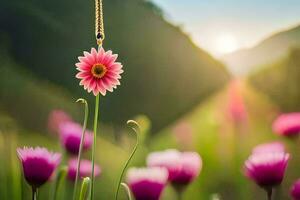 ein Rosa Blume mit ein Halskette hängend von Es. KI-generiert foto