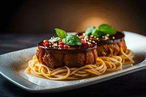 zwei Fleischklößchen auf ein Teller mit Spaghetti. KI-generiert foto