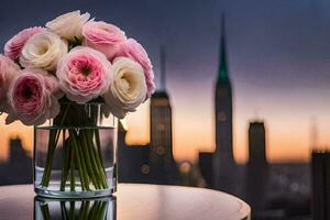 ein Vase von Rosa Rosen auf ein Tabelle mit ein Stadt Horizont im das Hintergrund. KI-generiert foto
