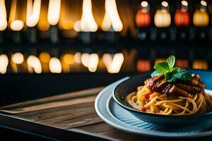 ein Teller von Spaghetti mit Fleisch und Soße auf ein Tisch. KI-generiert foto