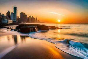 das Sonne setzt Über das Stadt Horizont im Dubai. KI-generiert foto