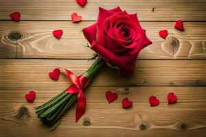 ein rot Rose auf ein hölzern Tabelle mit Herzen. KI-generiert foto