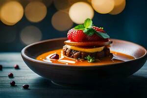 ein Schüssel von Suppe mit Erdbeeren und Granatapfel. KI-generiert foto